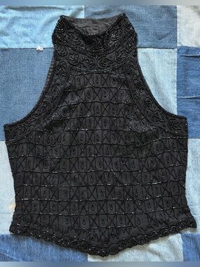 cote d’ azur 100% silk fully beaded black halter tank top high neck size M